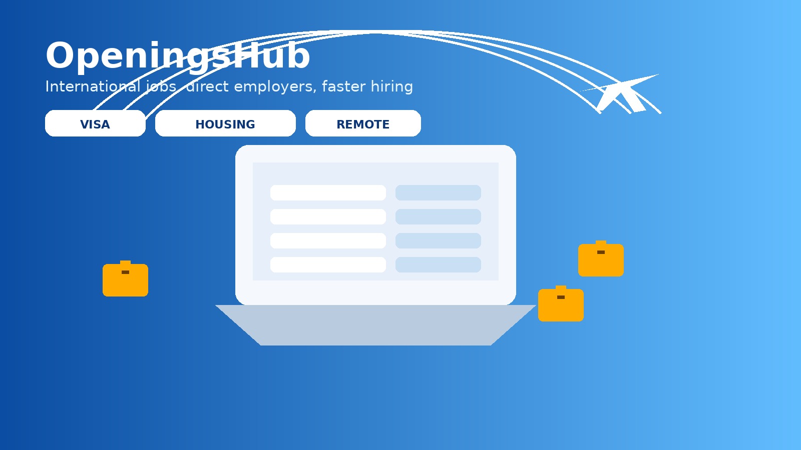International job search on OpeningsHub with laptop, travel, visa and relocation concept